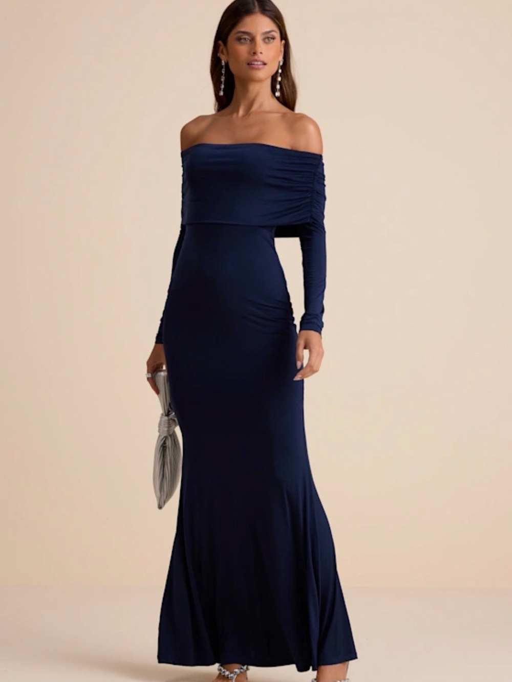 Lulu's Off-Shoulder Long Sleeve Navy Maxi Dress